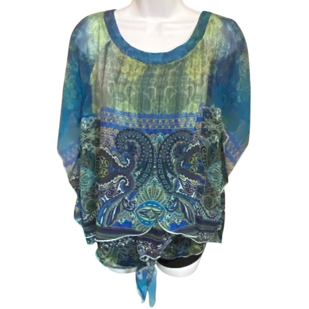 Energe Y2K Womens Top Blouse XL Front Tie Short Sleeve Blue Paisley Floaty Beach